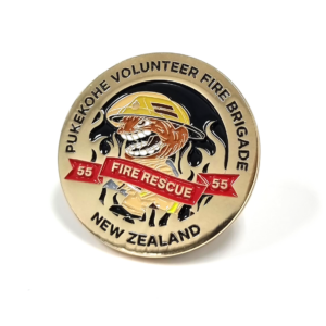 Pukekohe Volunteer Fire Brigade Coin - 45mm, Gold Finish, 5+ Colour Enamel