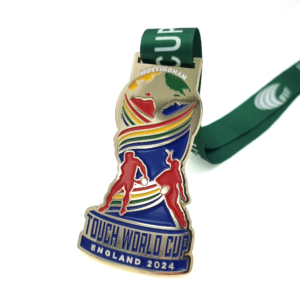 Touch World Cup Medal - 100mm, 5+ Colour Enamel, V-Neck Ribbon Fitting, Gold Plated