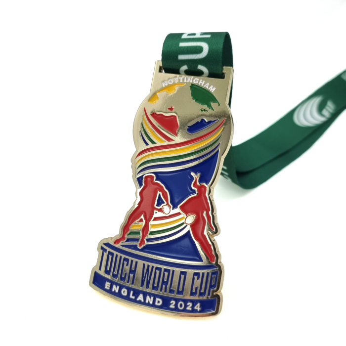 Touch World Cup Medal - 100mm, 5+ Colour Enamel, V-Neck Ribbon Fitting, Gold Plated