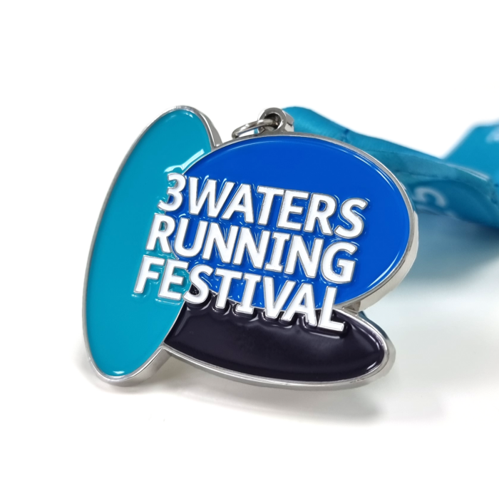 3 Waters Running Festival Medal - 50mm, 4 Colour Enamel, V-Neck Ribbon Fitting, Bright Nickel