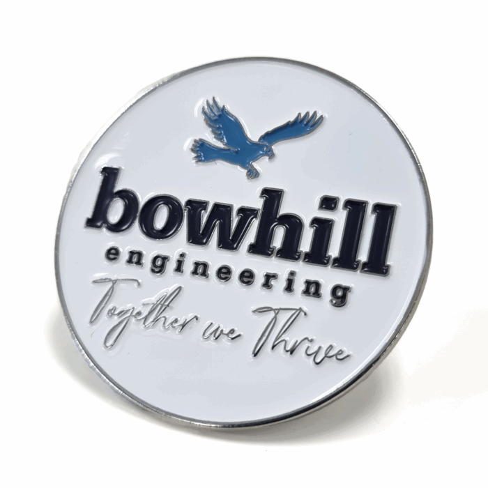 Bowhill Engineering badge - 50mm, 3 Colour Enamel, Magnet Fitting, Bright Nickel Plated