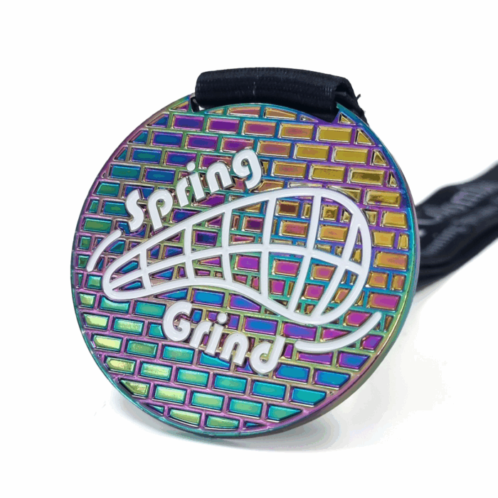 Spring Grind Medal - 60mm, 1 Colour Enamel, V-Neck Ribbon Fitting, Rainbow Plated